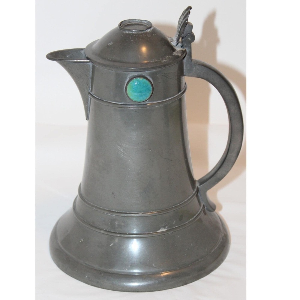 Antique MCM Pewter 0600 Lidded Tankard Stein Pitcher with Turquoise Cabochon Vtg